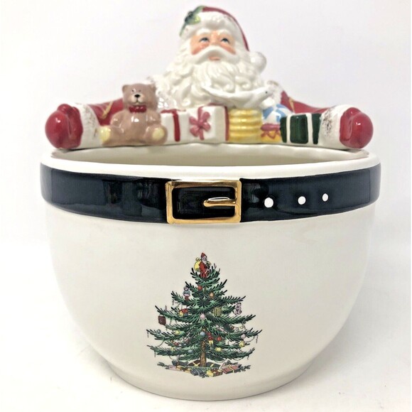 Spode Christmas Tree Santa Bowl VTG Handpainted Holiday Serving Dish Retired - Picture 1 of 11
